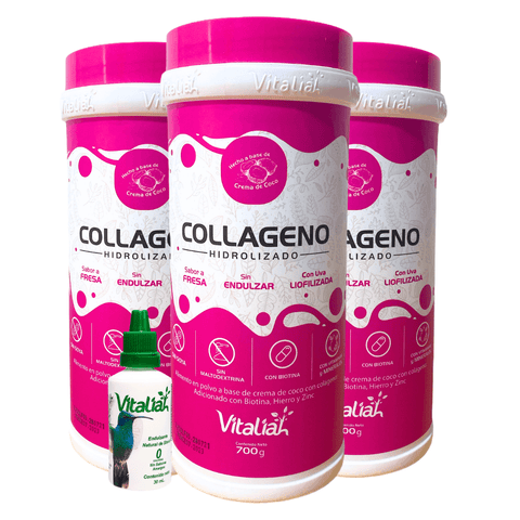 Image of Combo x3 Promo Batido Colageno Fresa Sin con Uva Lioflizada - X700g - +1 Stevia Gratis X30ml vitaliah colombia