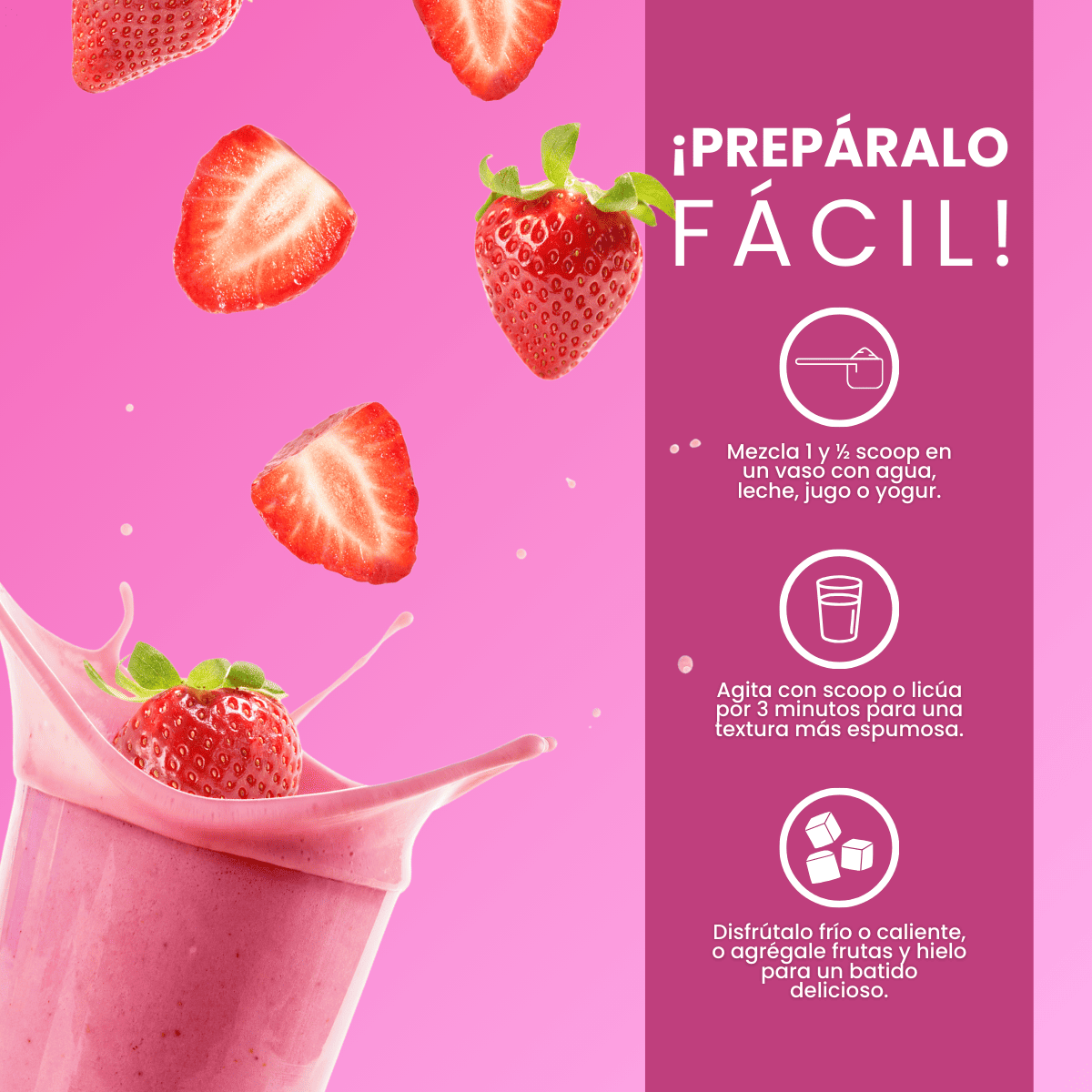 Batido saludable de fresa Vitaliah Stevia, fresas frescas y guía de preparación en fondo rosa.