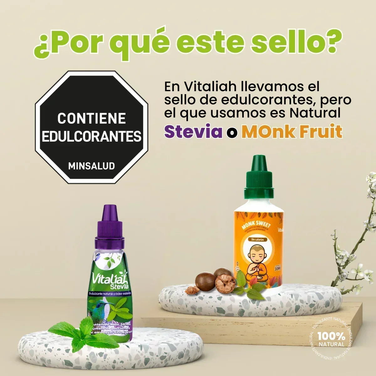 Vitaliah Stevia y Monk Fruit, edulcorantes naturales, etiqueta contiene edulcorantes, alimentos saludables