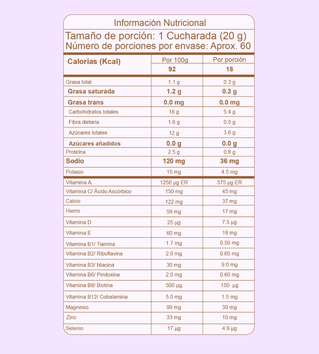 Tabla nutricional bebida herbal mag Fussion con Magnesio  - 400 g
